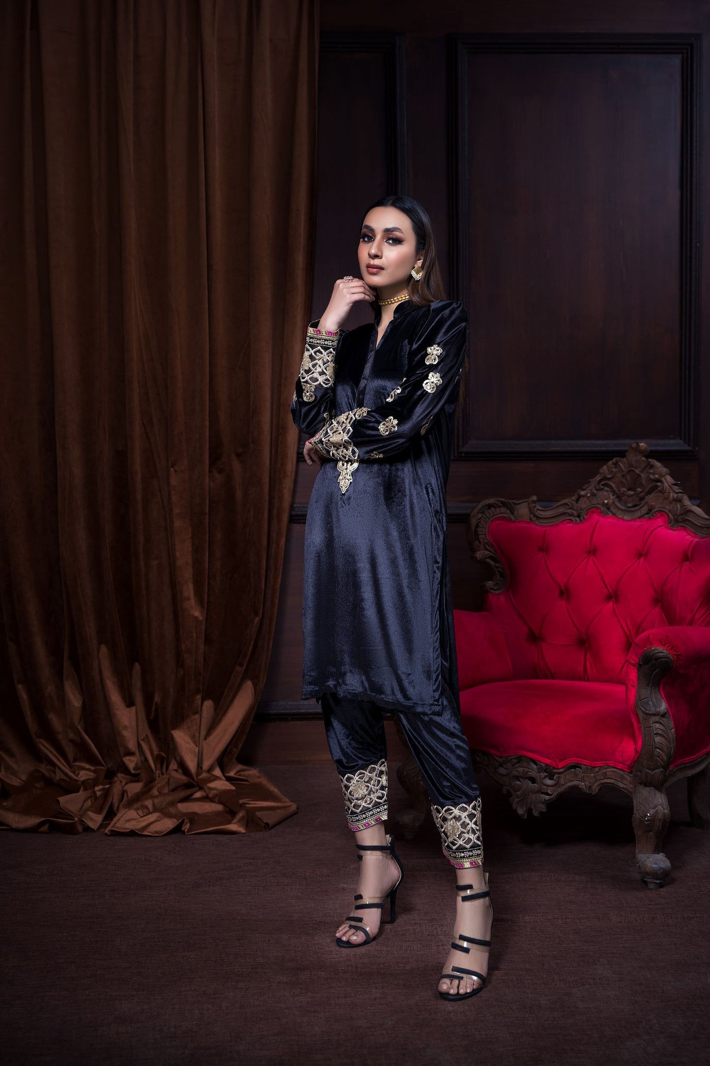 Black Luxury Velvet | 2 Piece Embroidered | Tilla Embroidery On Neck