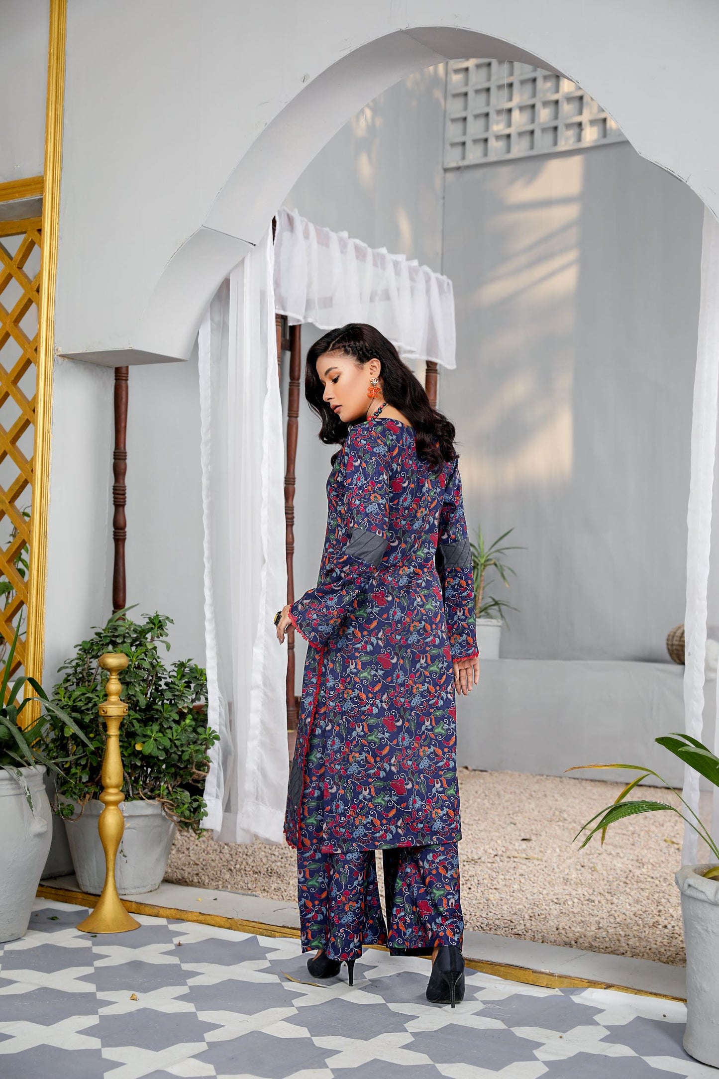 Navy floral 2 piece printed dress -Munira