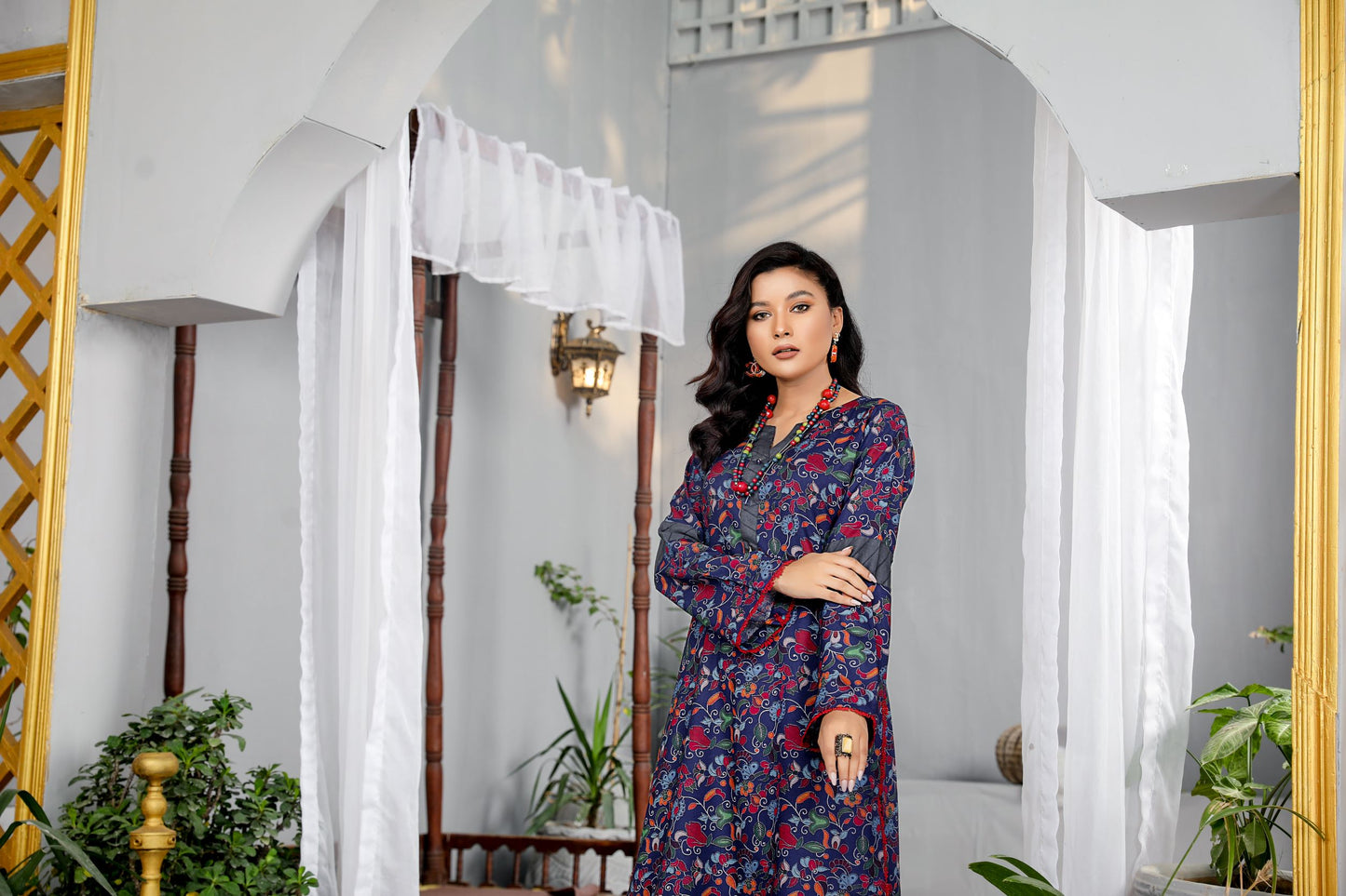 Navy floral 2 piece printed dress -Munira