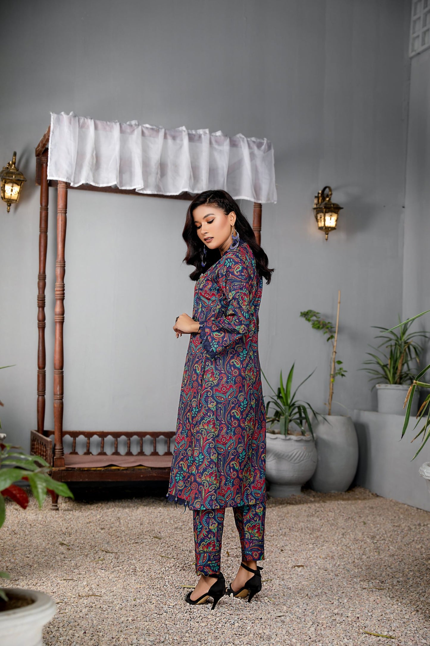 Navy printed 2 piece dress-Munira