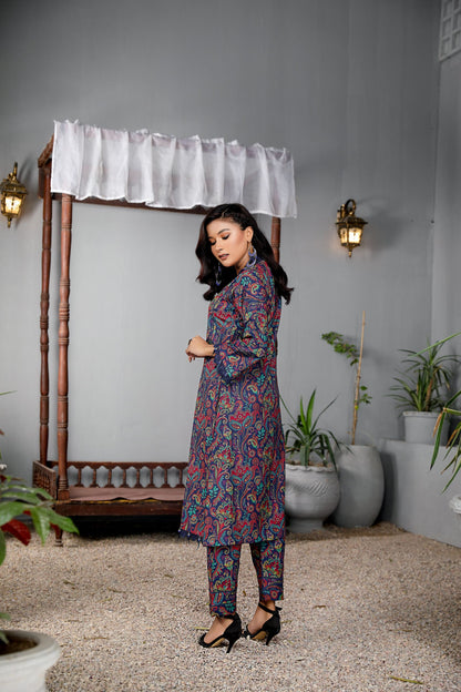 Navy printed 2 piece dress-Munira