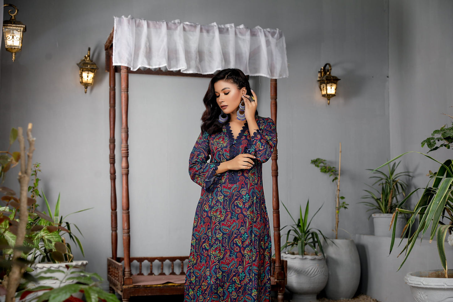 Navy printed 2 piece dress-Munira