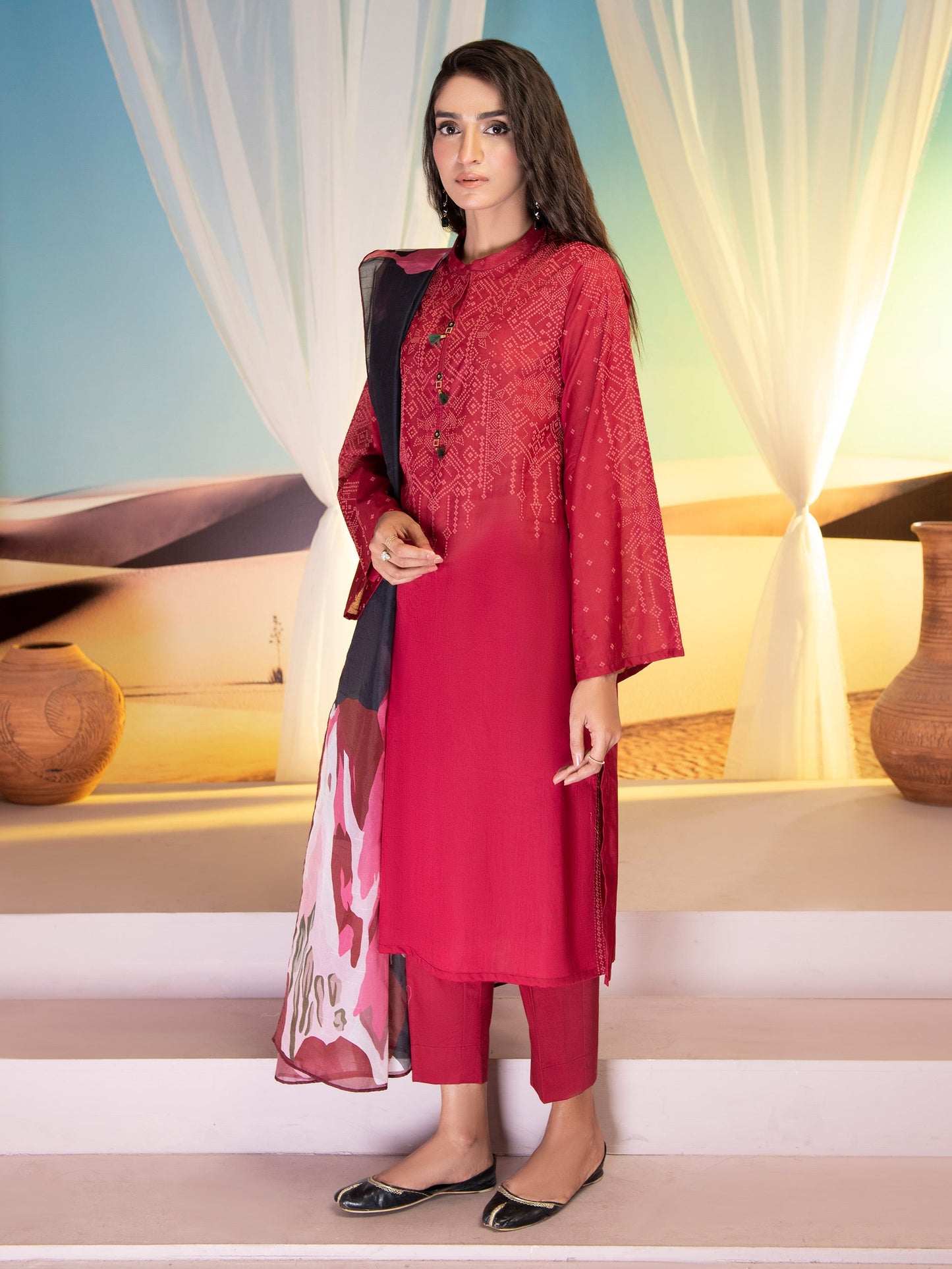 Maroon 3 Piece Printed Lawn Suit By Limelight