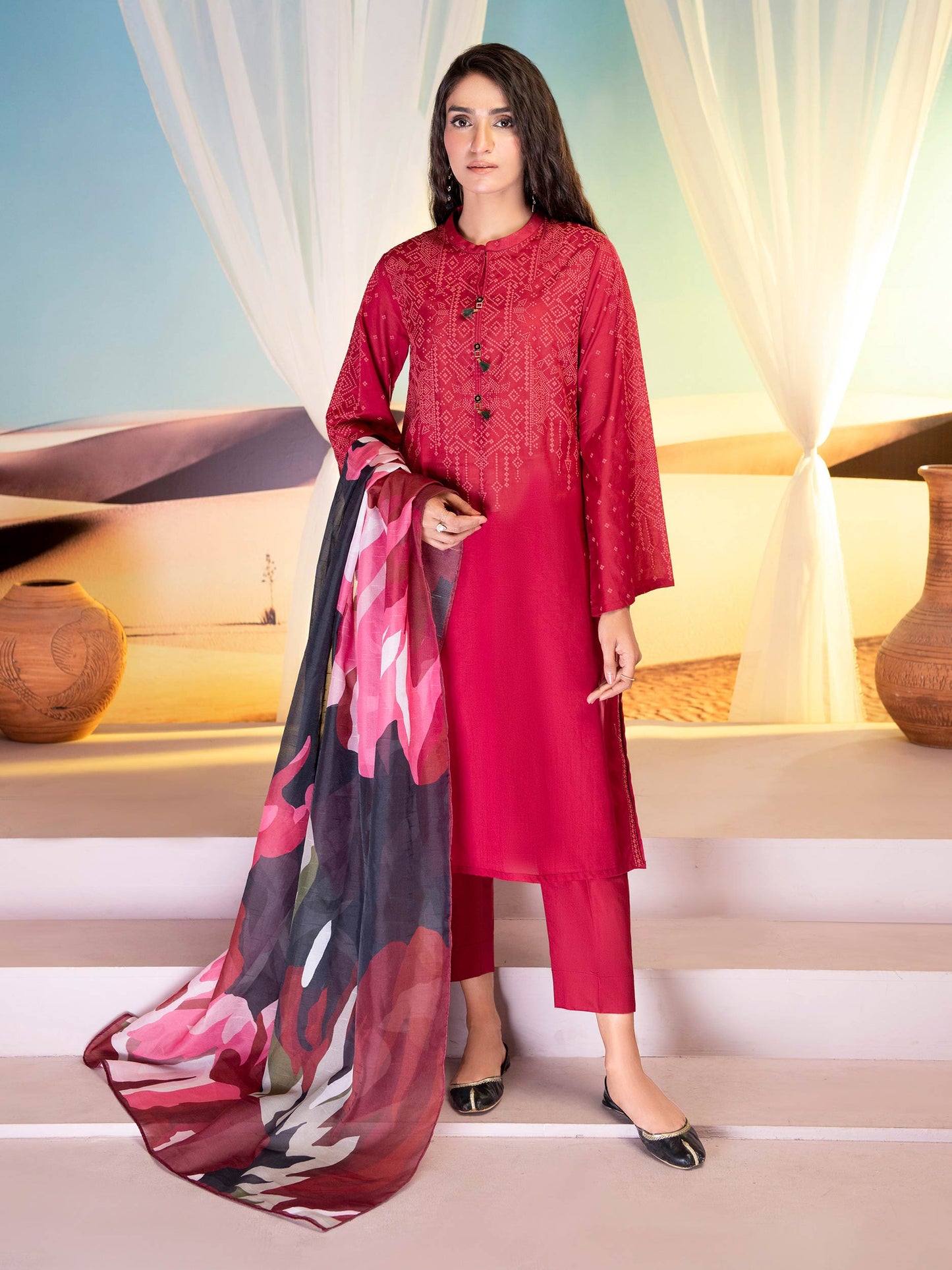 Maroon 3 Piece Printed Lawn Suit By Limelight