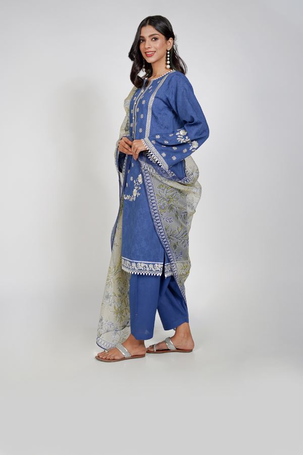 Bismark Blue Embroidered Shirt Shalwar Dupatta-Zellbury