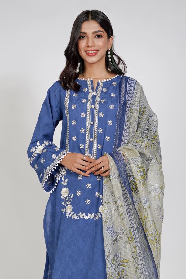 Bismark Blue Embroidered Shirt Shalwar Dupatta-Zellbury