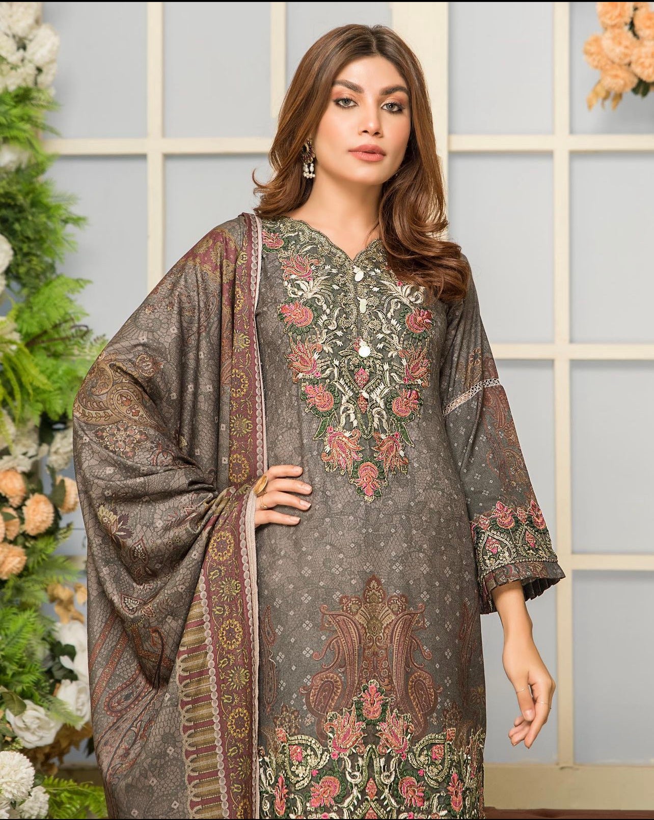 Beige dhanak 3 piece embroidered dress-Munira