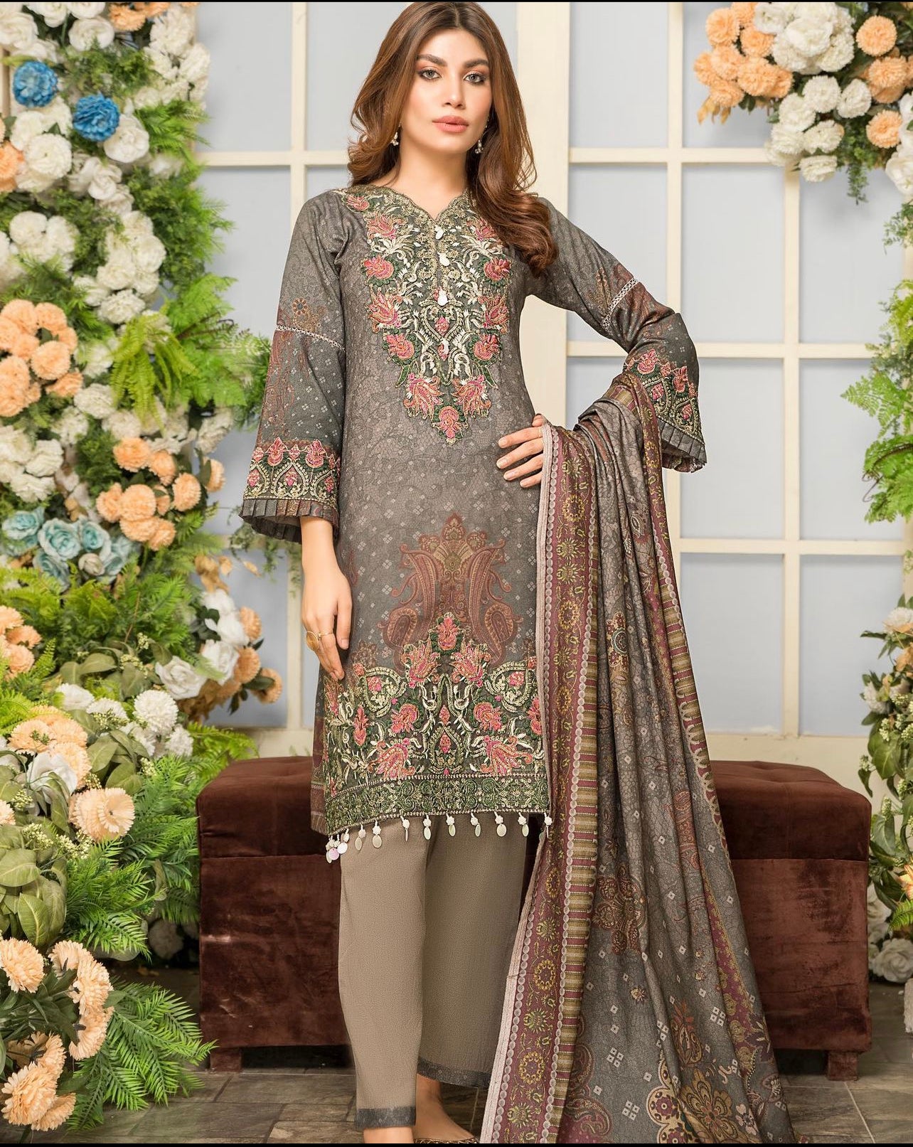 Beige dhanak 3 piece embroidered dress-Munira