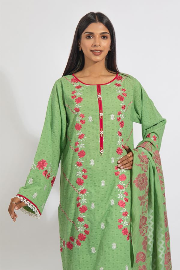 Mint Green Embroidered Shirt Shalwar Dupatta-Zellbury