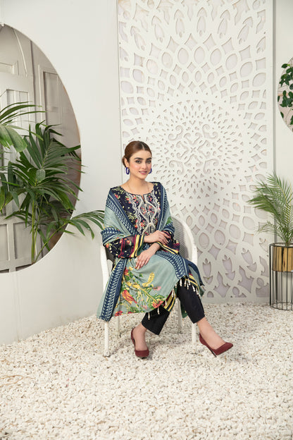 Navy 3 Piece stitched Embroidered Digital Printed Linen-Tawakkal