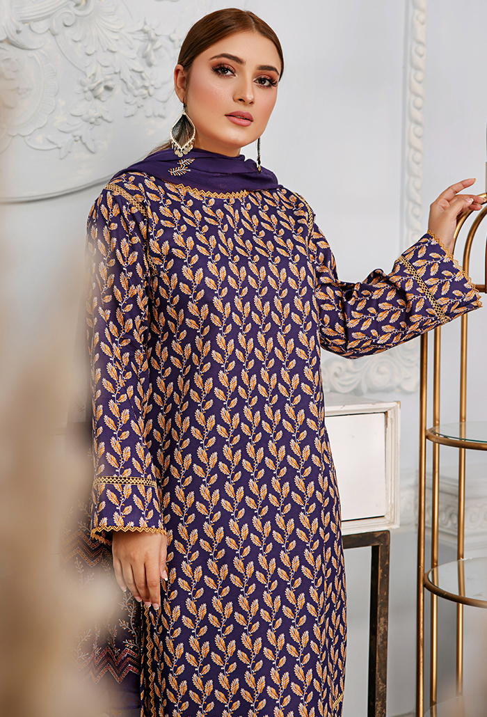 PURPLE 3 PIECE PRINTED KAMEEZ WITH EMBROIDERED CHIFFON DUPPATA