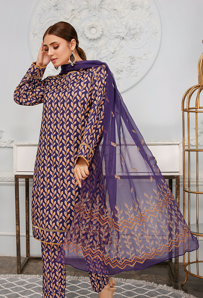 PURPLE 3 PIECE PRINTED KAMEEZ WITH EMBROIDERED CHIFFON DUPPATA