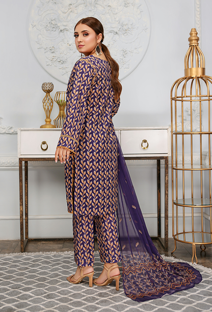 PURPLE 3 PIECE PRINTED KAMEEZ WITH EMBROIDERED CHIFFON DUPPATA