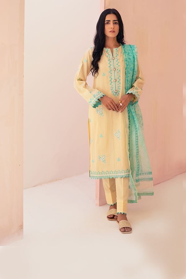 Pastel Yellow Embroidered Yarn Dyed Suit-Zellbury