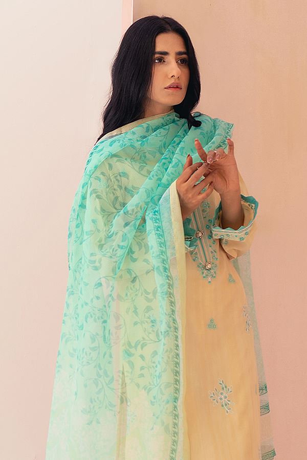 Pastel Yellow Embroidered Yarn Dyed Suit-Zellbury