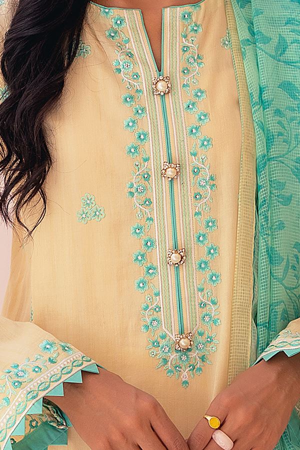 Pastel Yellow Embroidered Yarn Dyed Suit-Zellbury