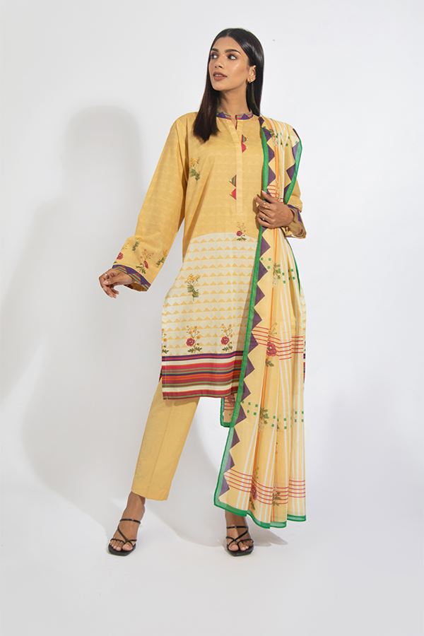 3PCS Shirt Shalwar Dupatta - Daisy Yellow - Lawn Suit Zellbury